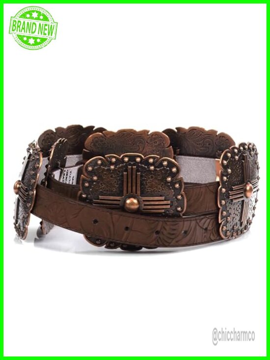 Floral Embossed Leather Western Belt with Square Conchos, Removable Buckle main image 4